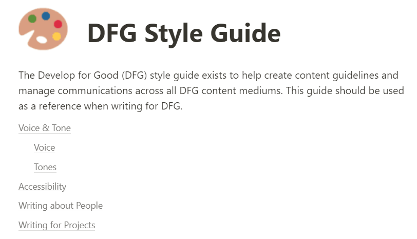 DFG content design system overview showing six categories